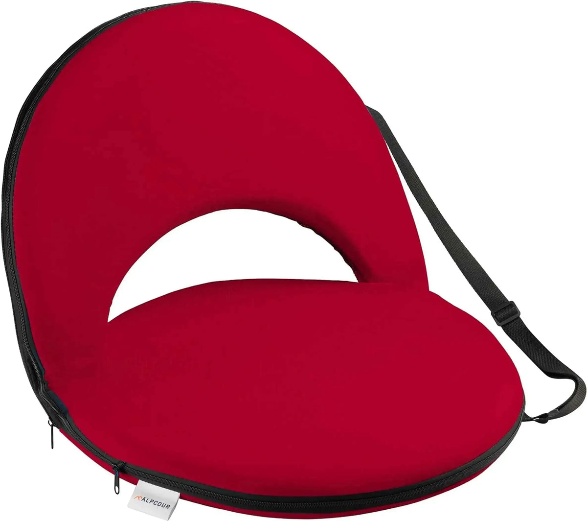 Alpcour reclining stadium seat, red padded cushion with black trim and carry strap