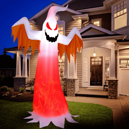 Inflatable Halloween ghost with orange bat wings, red flame LED, white body with red glow