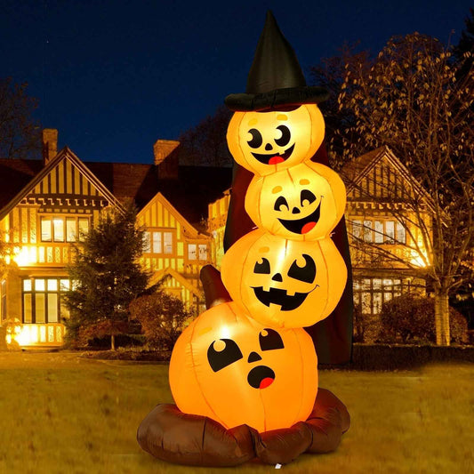 Halloween inflatable pumpkin stack with witch hat, glowing jack-o'-lantern faces, LED lights