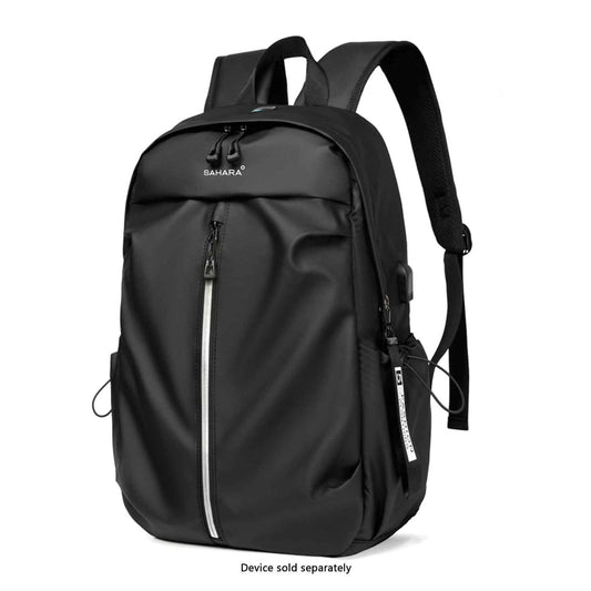 Slim black laptop backpack with front vertical zipper and adjustable shoulder straps