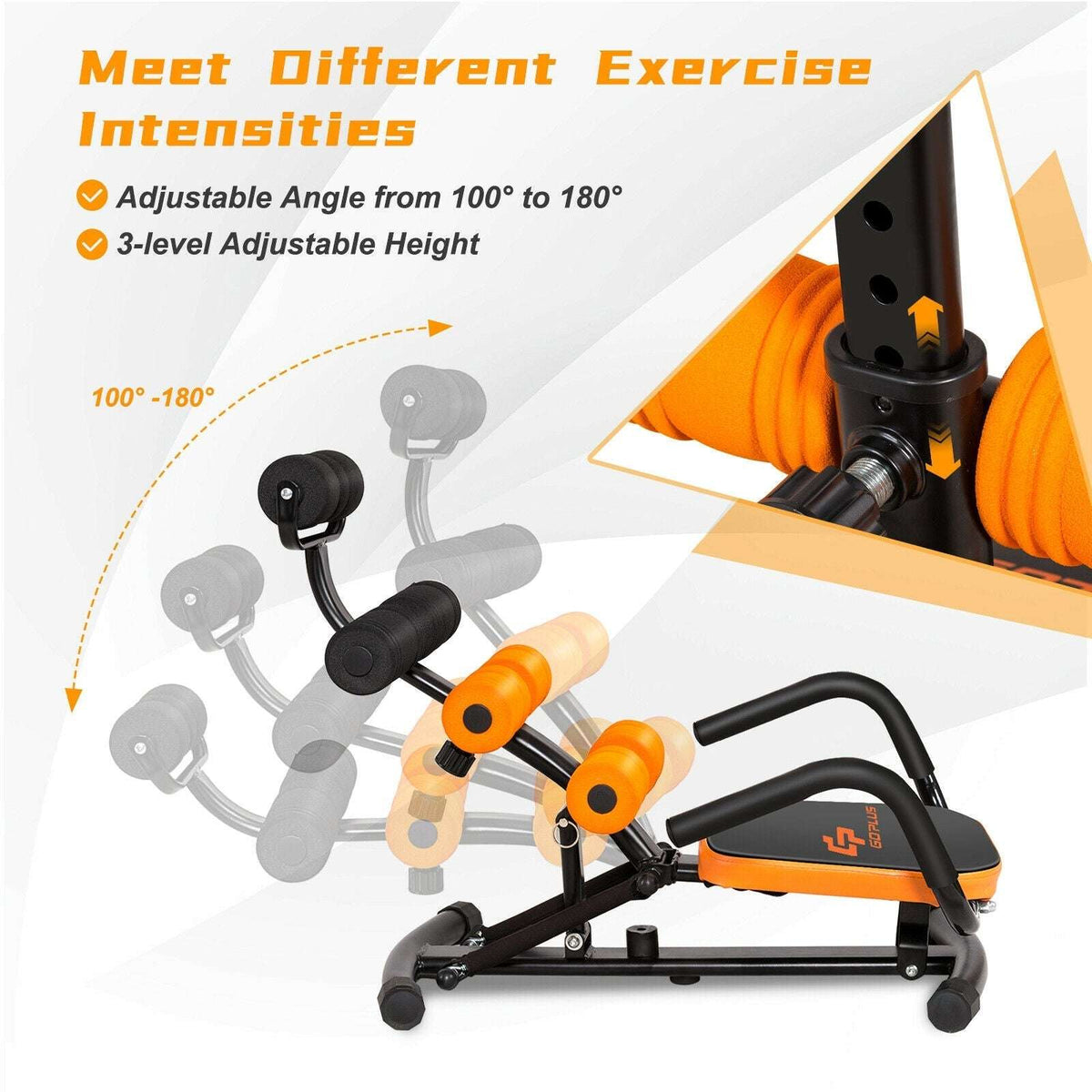 Adjustable angle crunch bench with black frame, orange roller pivots, padded seat deck
