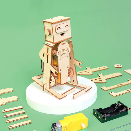 Light wood walking robot on round base, side view with exposed components