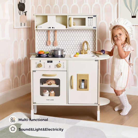 Kids wooden play kitchen with open oven, microwave, and side storage panel