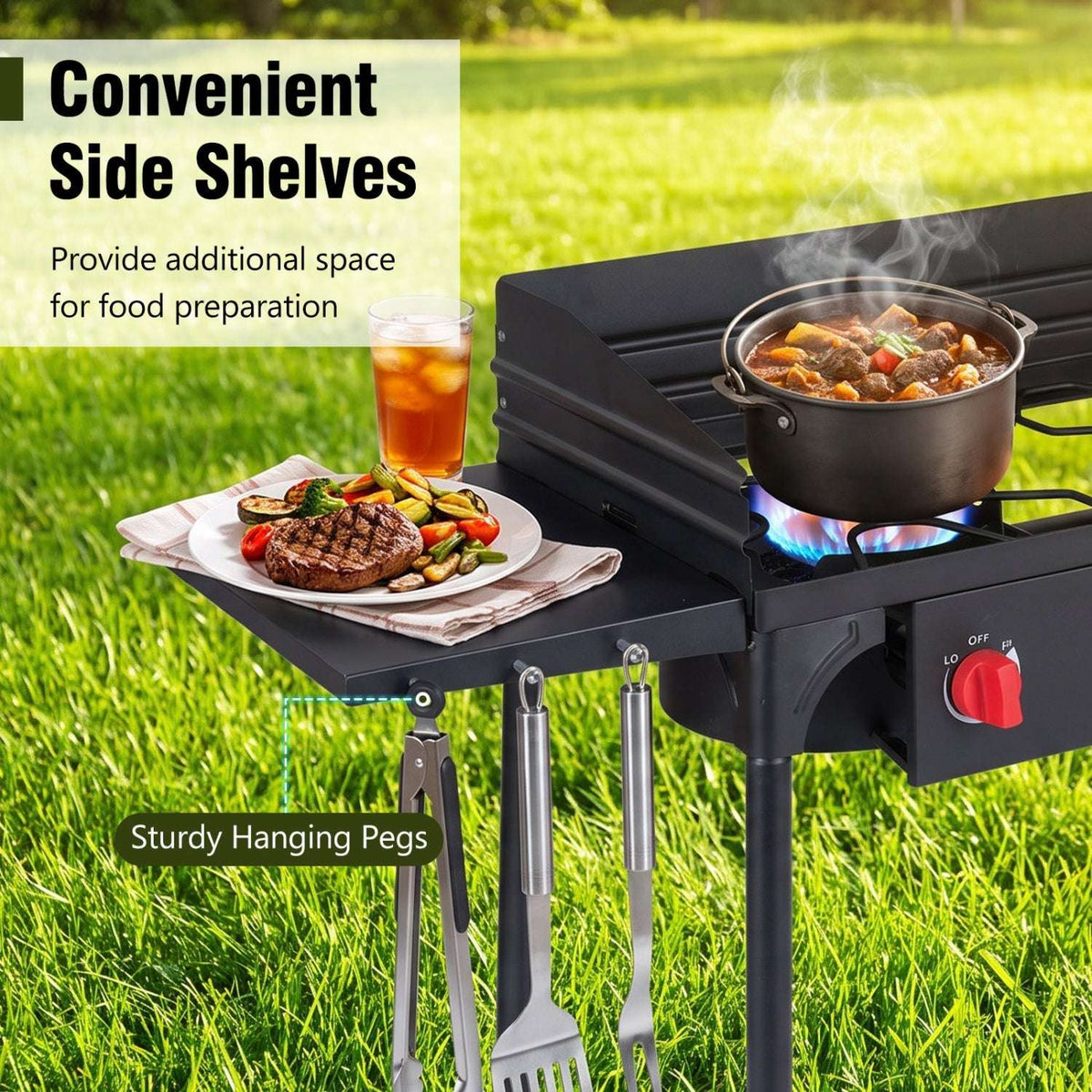 Two-burner propane stove with side shelf and hanging hooks for cooking utensils