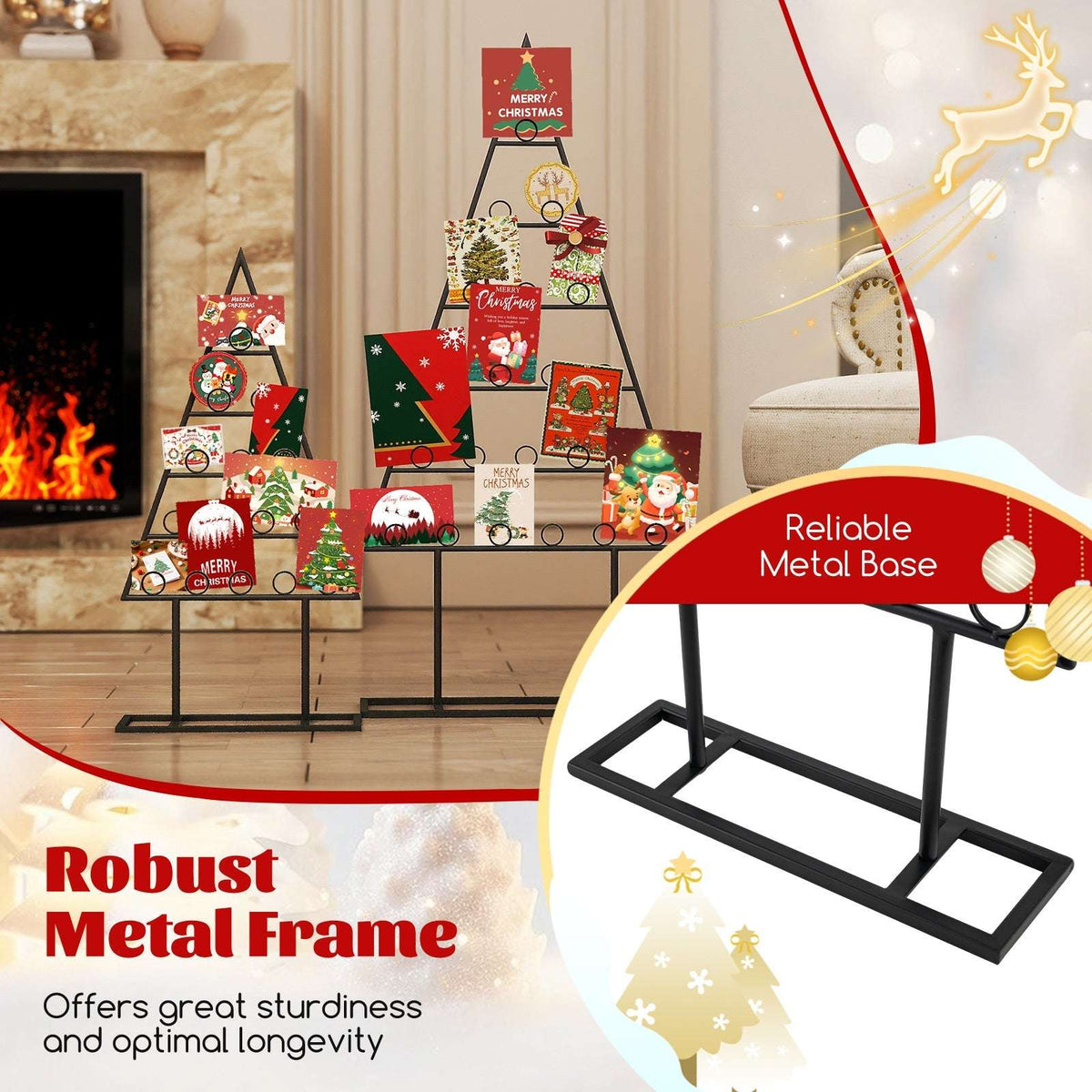 Black metal Christmas tree photo holder with sturdy rectangular base and card clips.