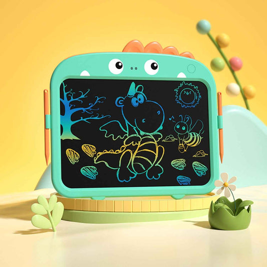 Kids teal LCD writing tablet with orange stylus, colorful insect doodles display
