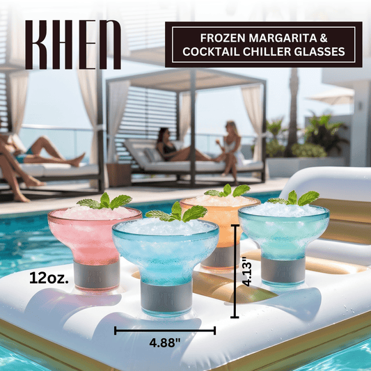 Four frozen margarita chiller glasses, double-wall acrylic, mint leaves on top