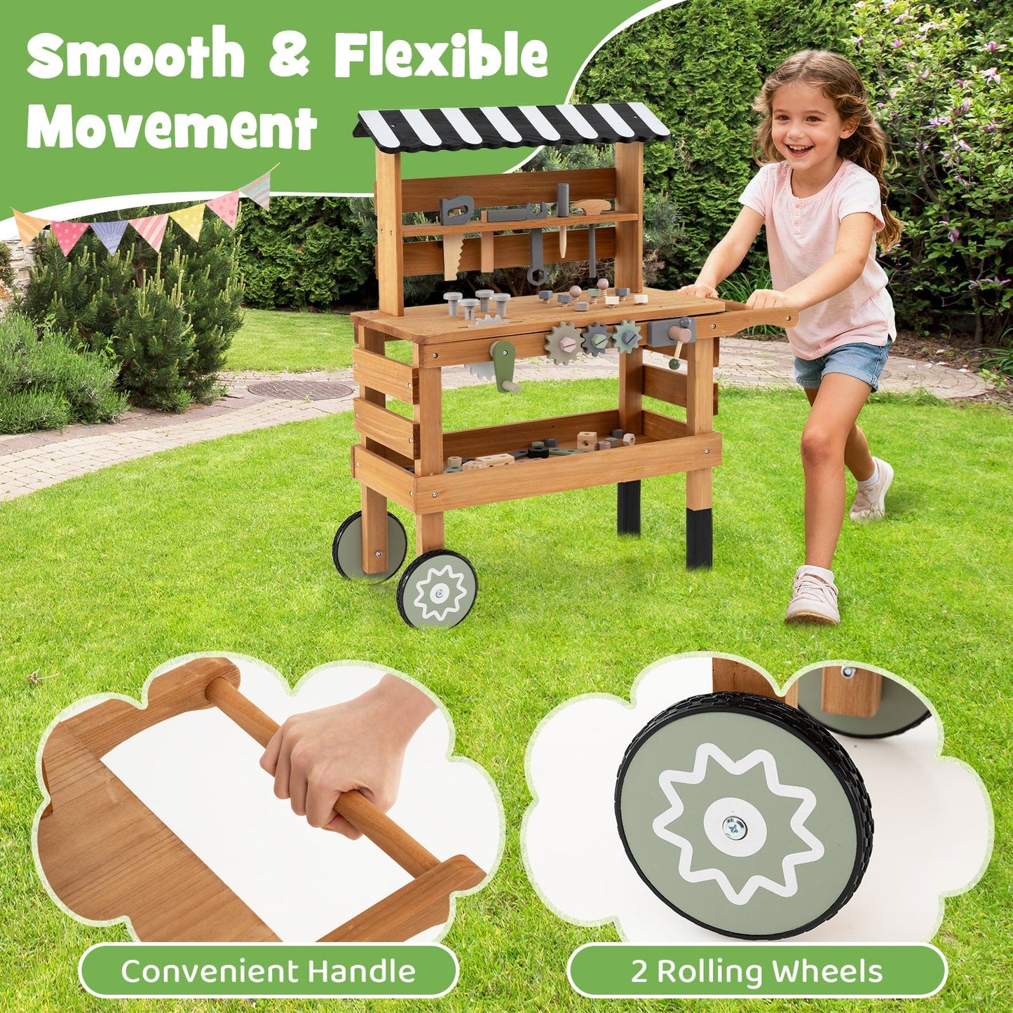 Kids 2-in-1 Rolling Workbench & Play Tool Set | Tool Rack, Work Surface & Storage Shelf | Ages 3+ | Brown