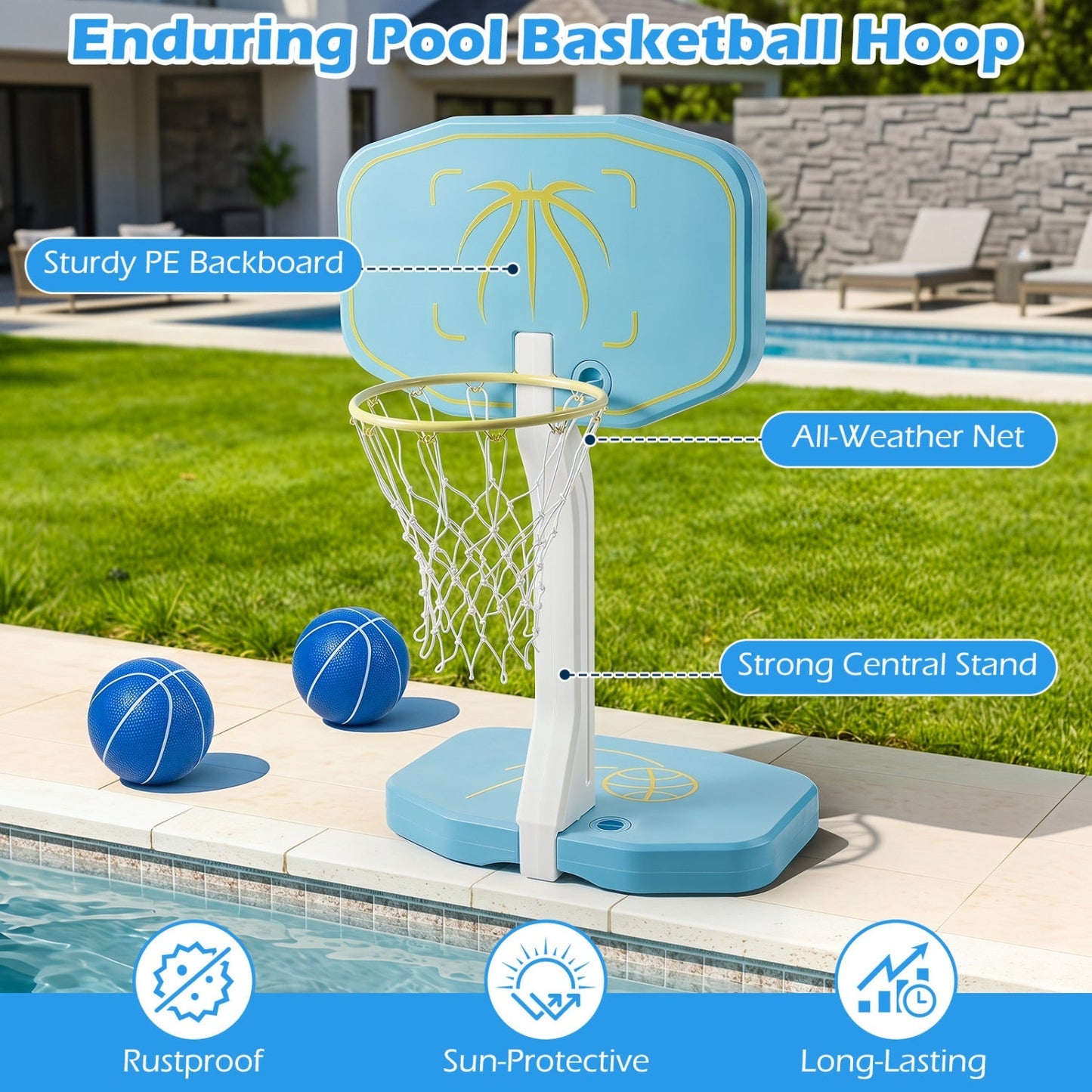 Pool Basketball Hoop & Volleyball Net 2-in-1 Combo | 14" Rim | 25 ft Net | 2 Balls + Pump Included