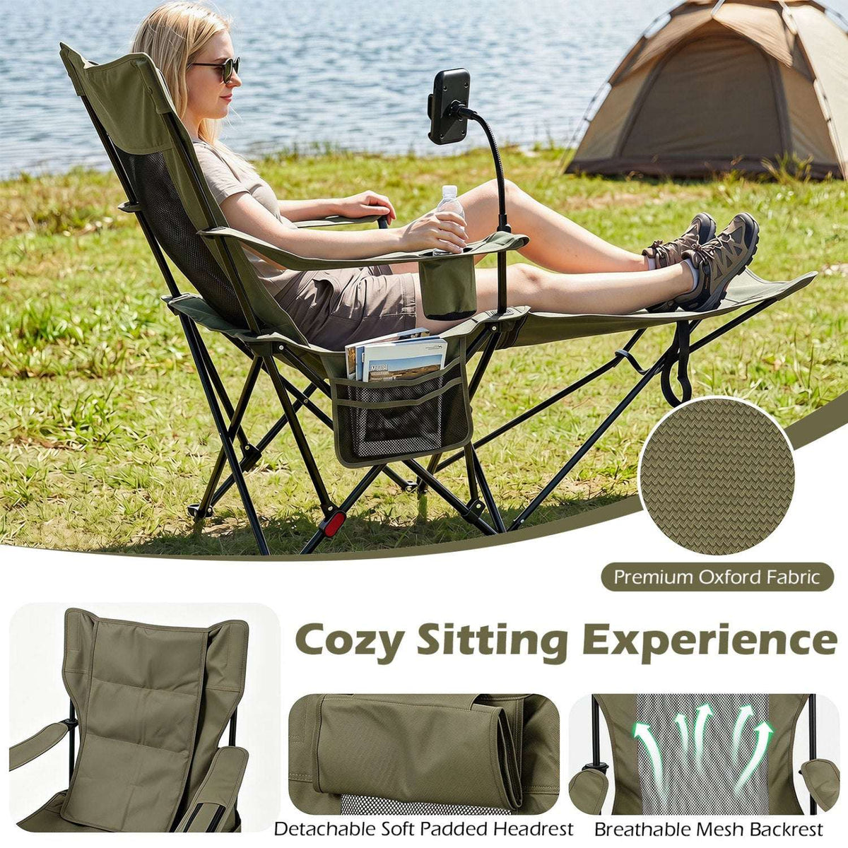 Reclining camping chair with extended footrest, mesh backrest, padded headrest, and side pocket