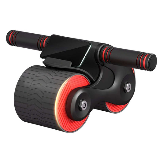 Abdominal rebound wheel with kneel pad and phone holder, black handles and red wheel accents