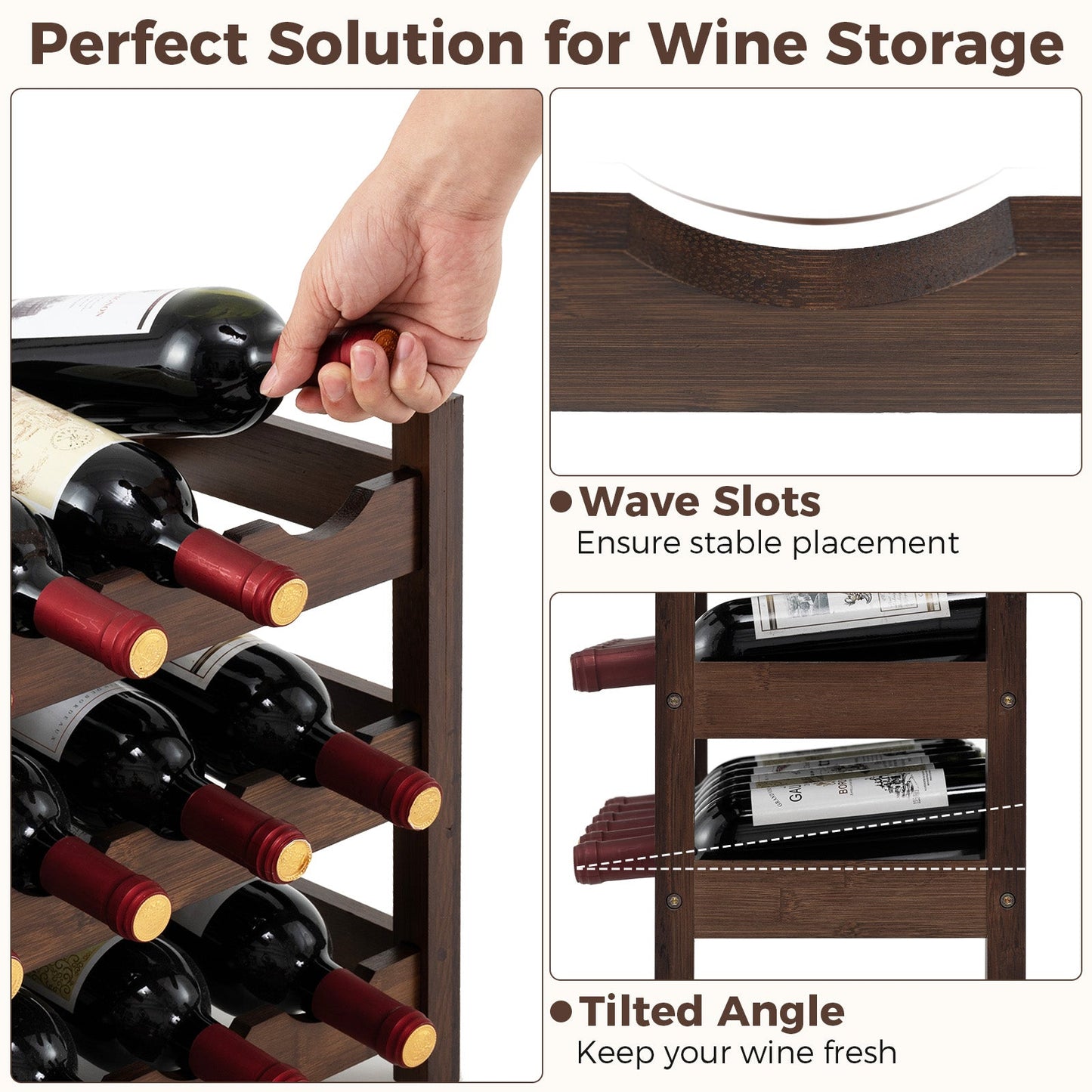 3-Tier Bamboo Wine Bottle Organizer | Holds 18 Bottles | Countertop Freestanding | Natural or Coffee