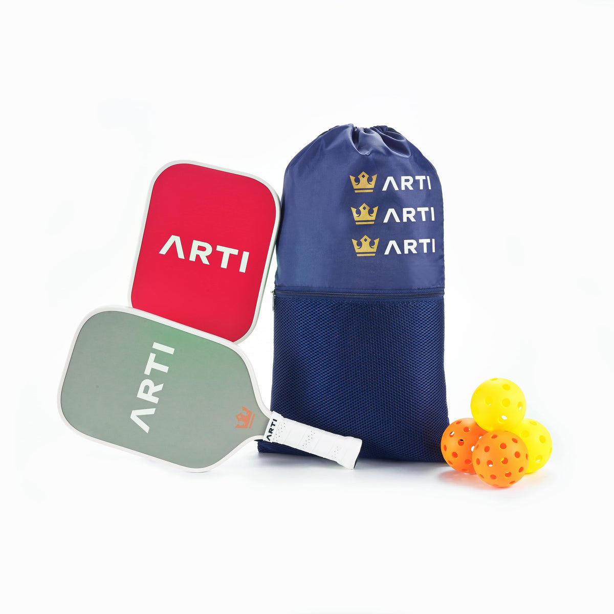 Pickleball paddle set with blue bag, red and green paddles, and 4 bright balls
