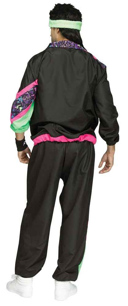 Black retro track suit costume, back view, neon pink trim and colorful sleeve panels