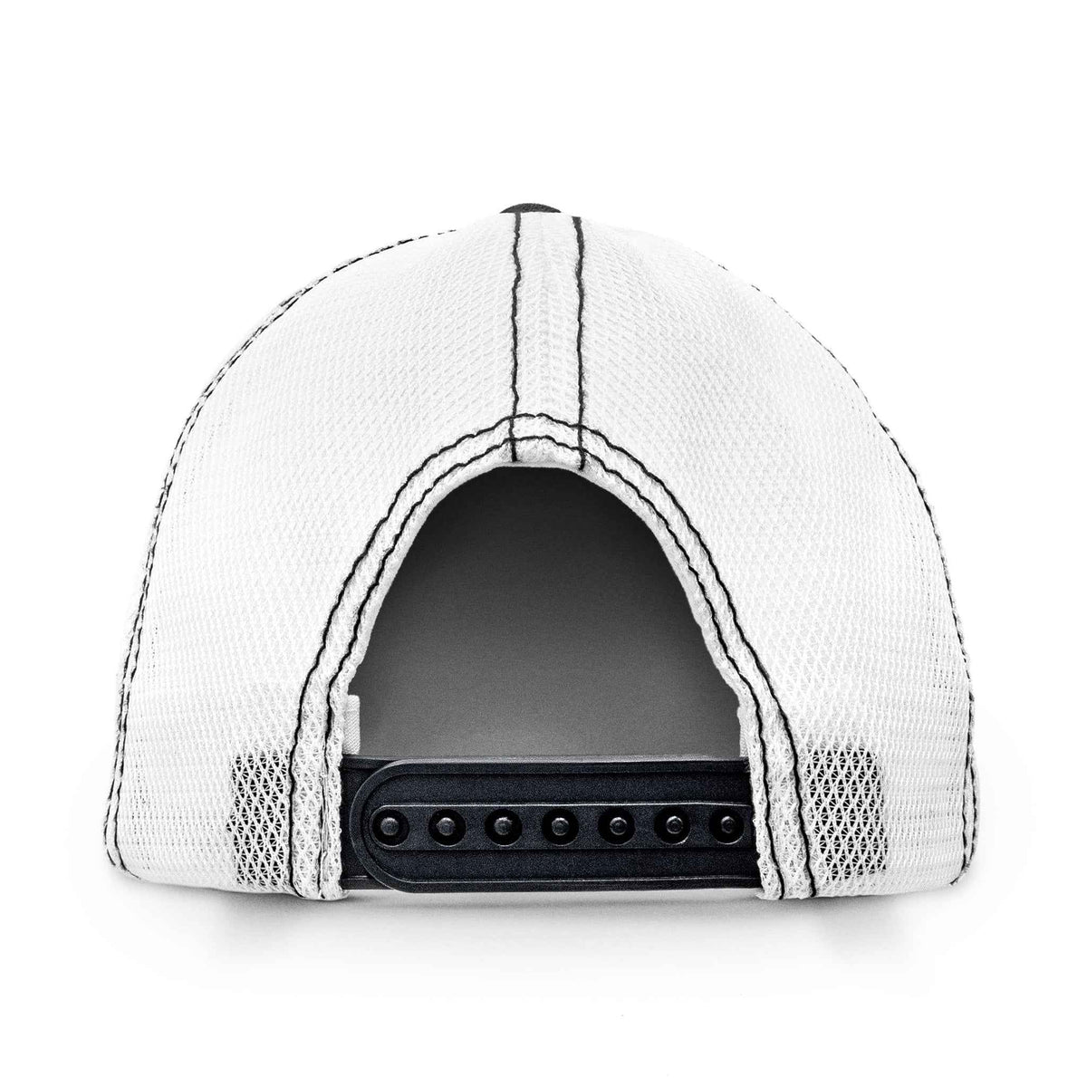 White trucker hat back with mesh panels and adjustable snap strap