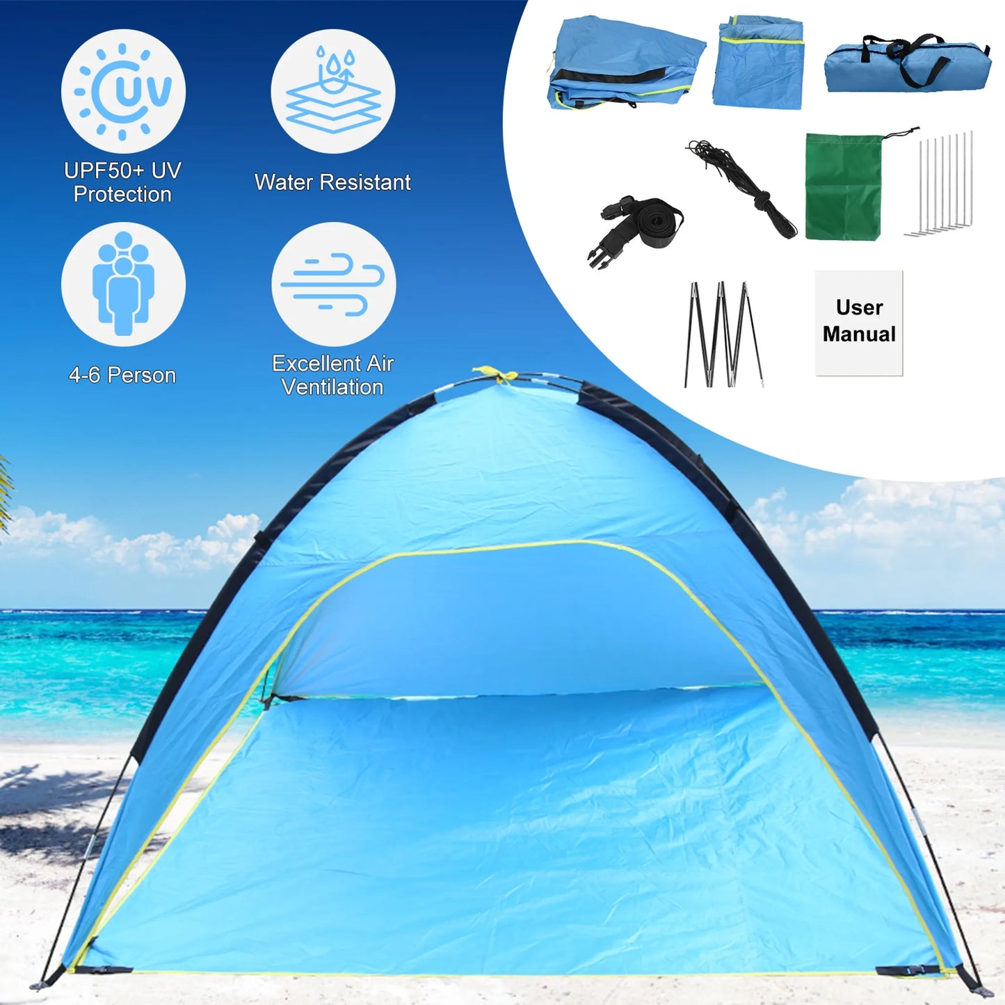 Beach Tent – 4-6 Person, UV-Blocking, Waterproof with 3 Openings