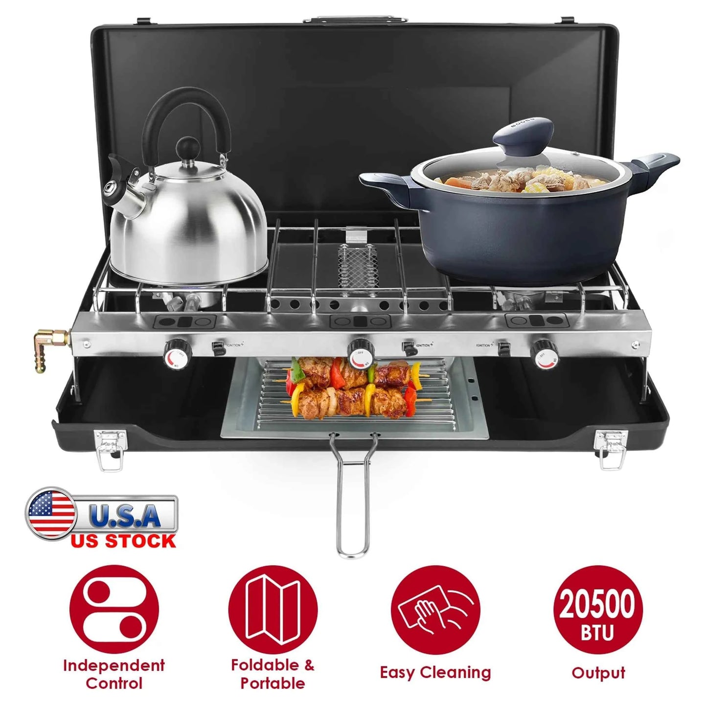 3-Burner Propane Camping Stove – 20,000 BTU Portable & Foldable