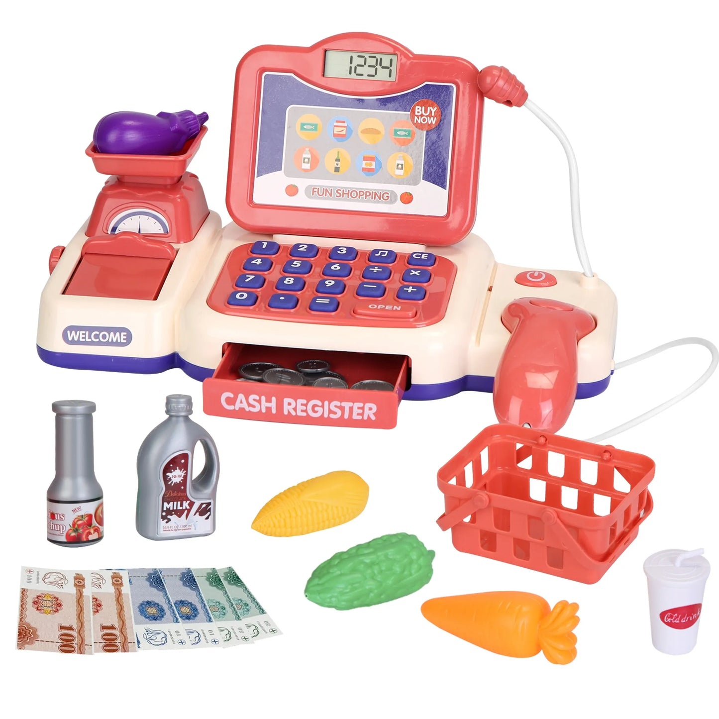 Kids Pretend Play Cash Register Toy Set | Scanner, Conveyor Belt & Play Money | Pink | Ages 3-6