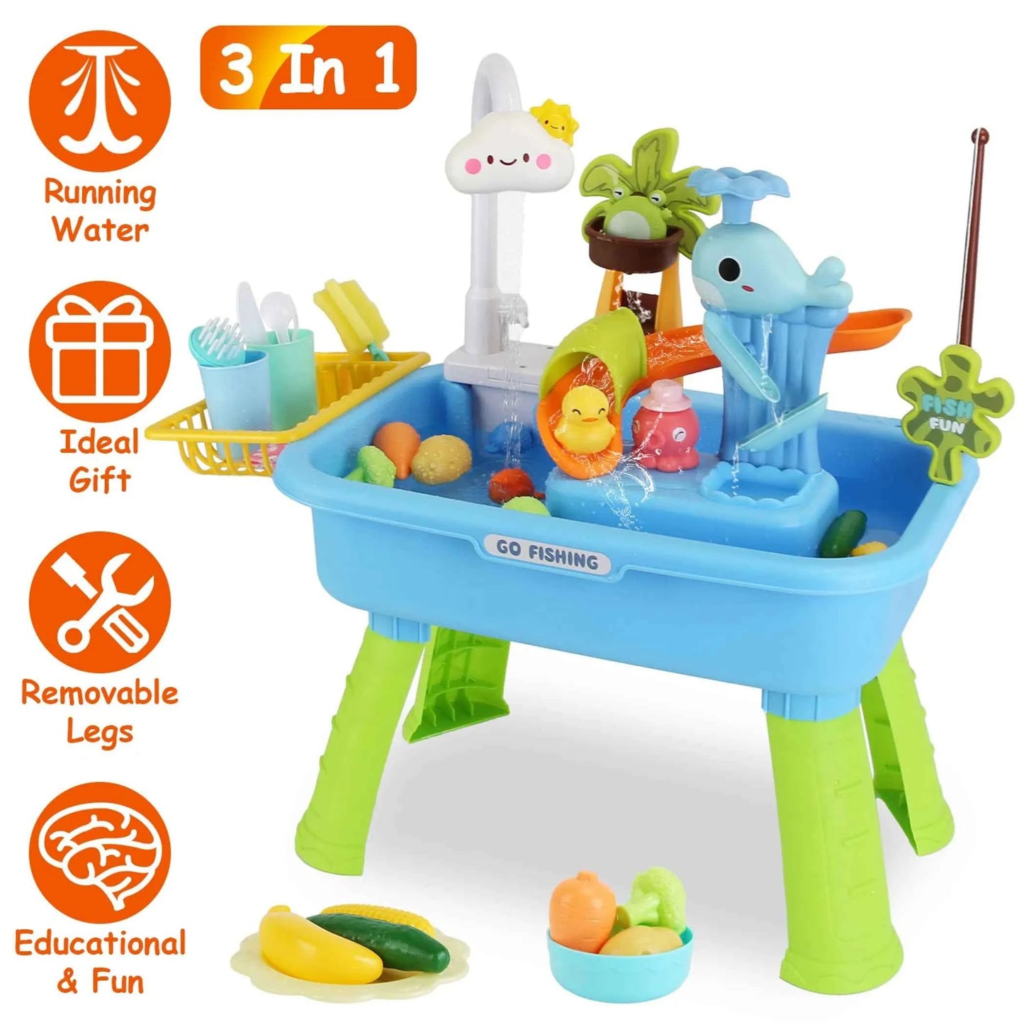 3-in-1 Kids Kitchen Sink Toy with Running Water | Water Table, Sink & Fishing Game | Blue