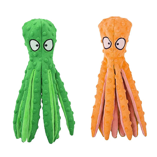 2-pack squeaky octopus plush dog toys, green and orange, full-body front view