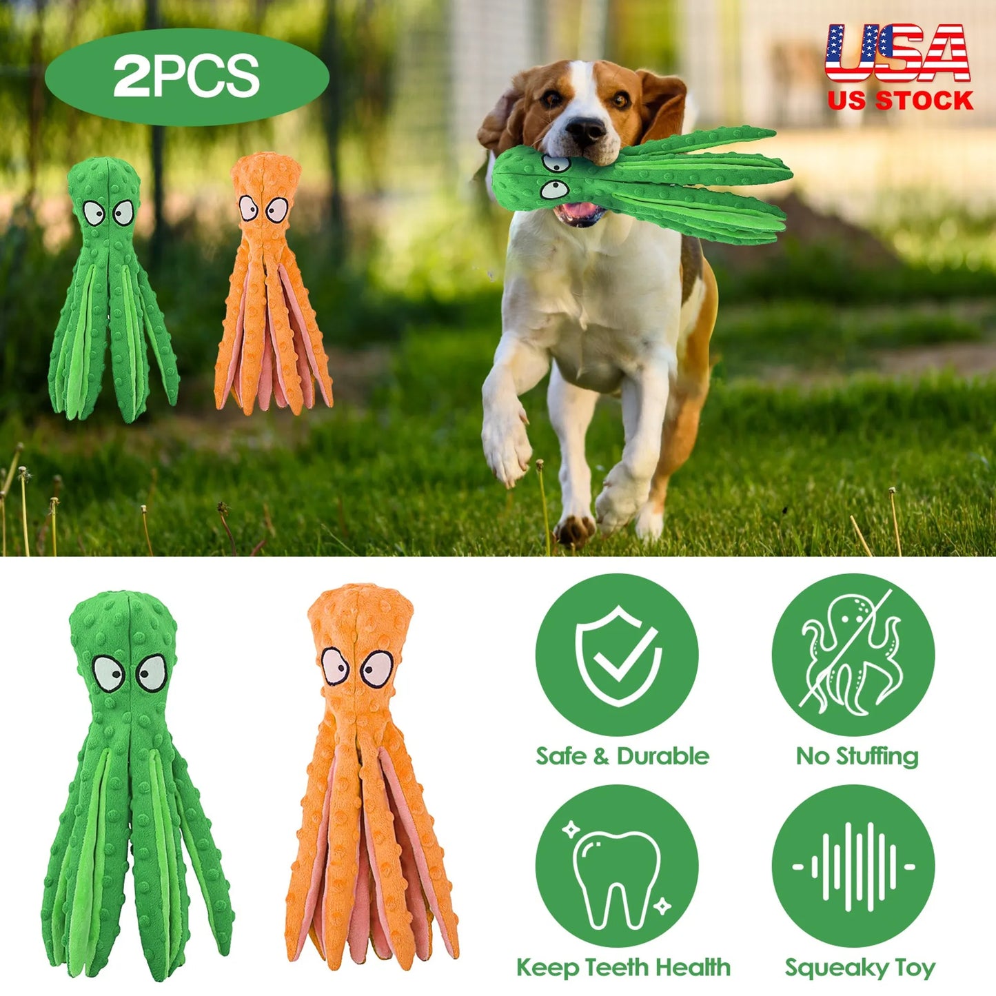 2-Pack Squeaky Octopus Dog Toys | No-Stuffing Plush | Crinkle & Squeaker