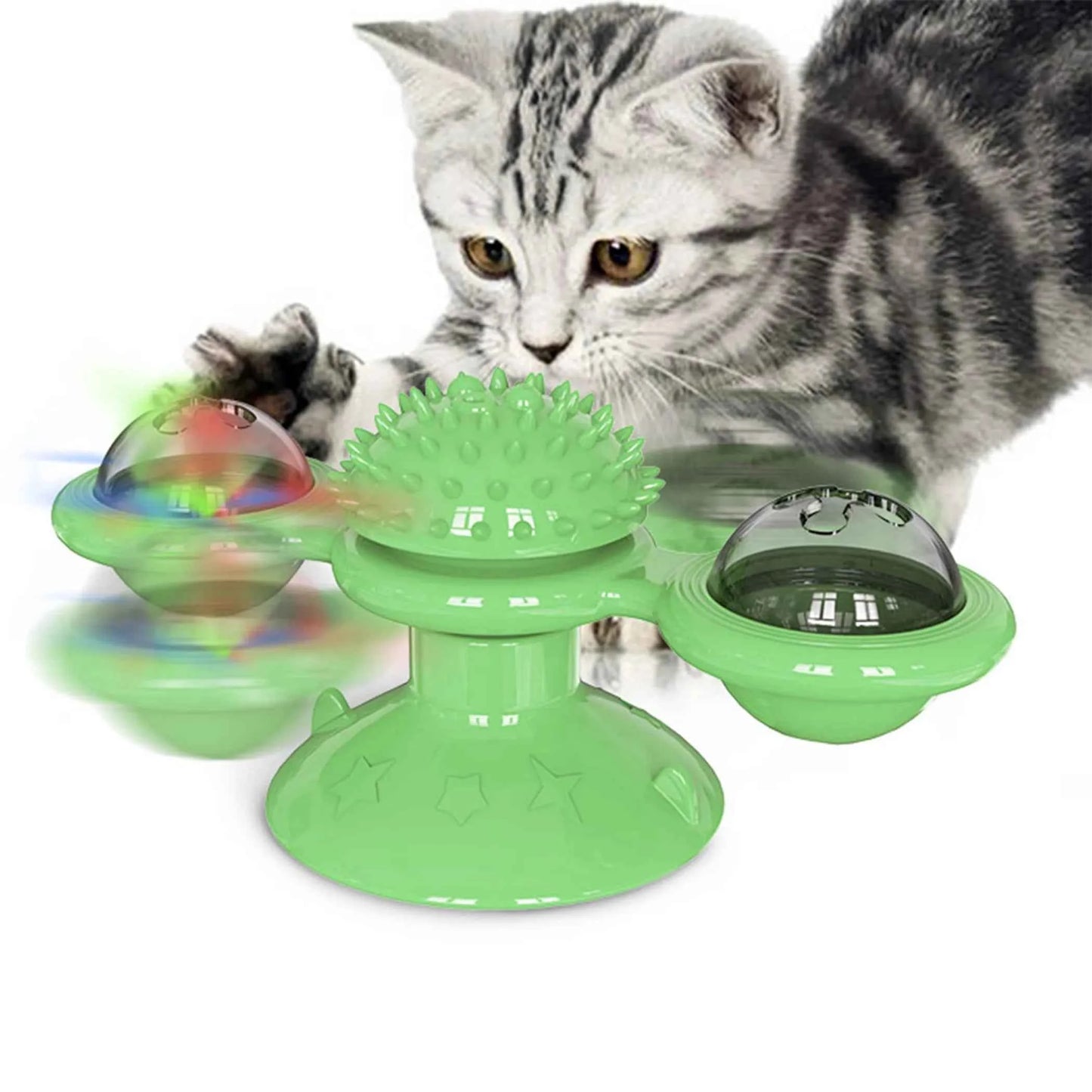 Interactive Windmill Cat Toy | LED Ball, Catnip & Grooming Spiky Ball | Blue & Green