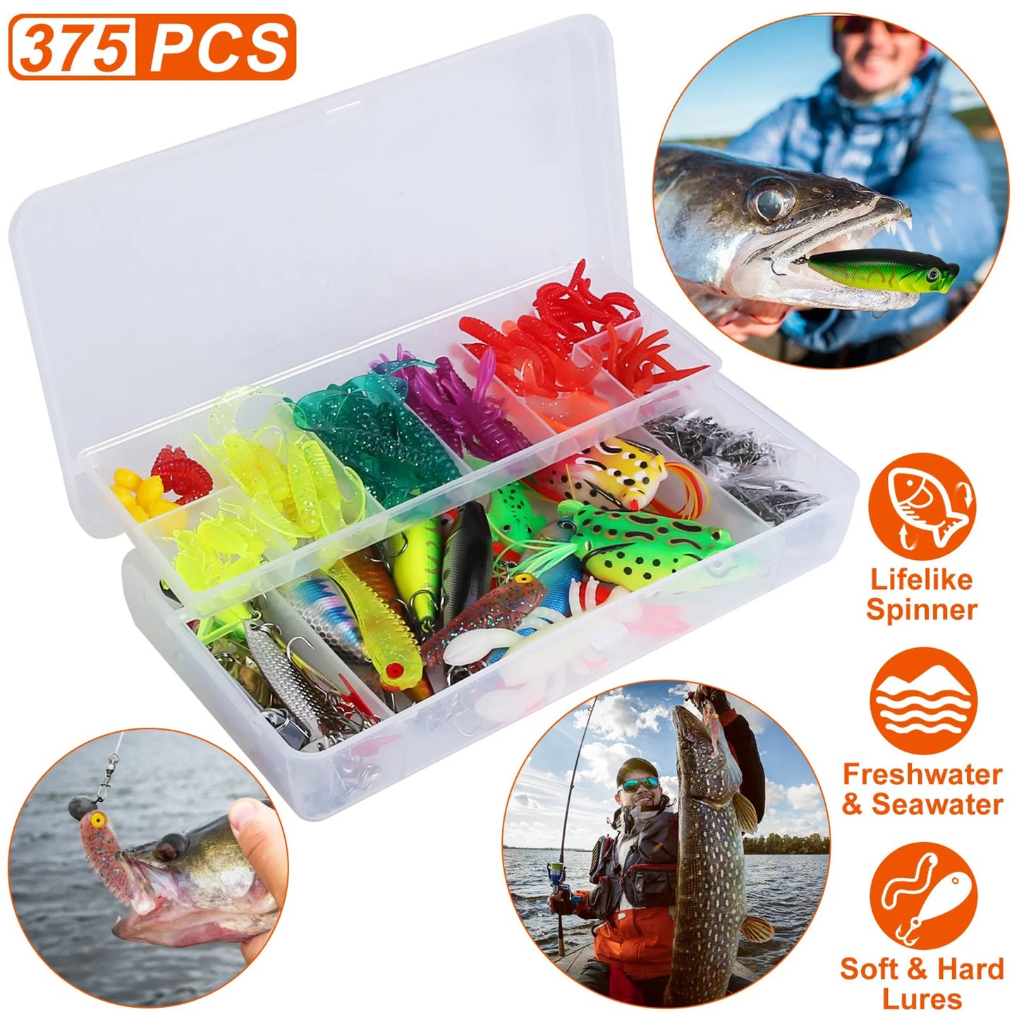 375-Piece Fishing Lure Kit | Hooks, Hard & Soft Lures, Spoons & More | Freshwater & Saltwater