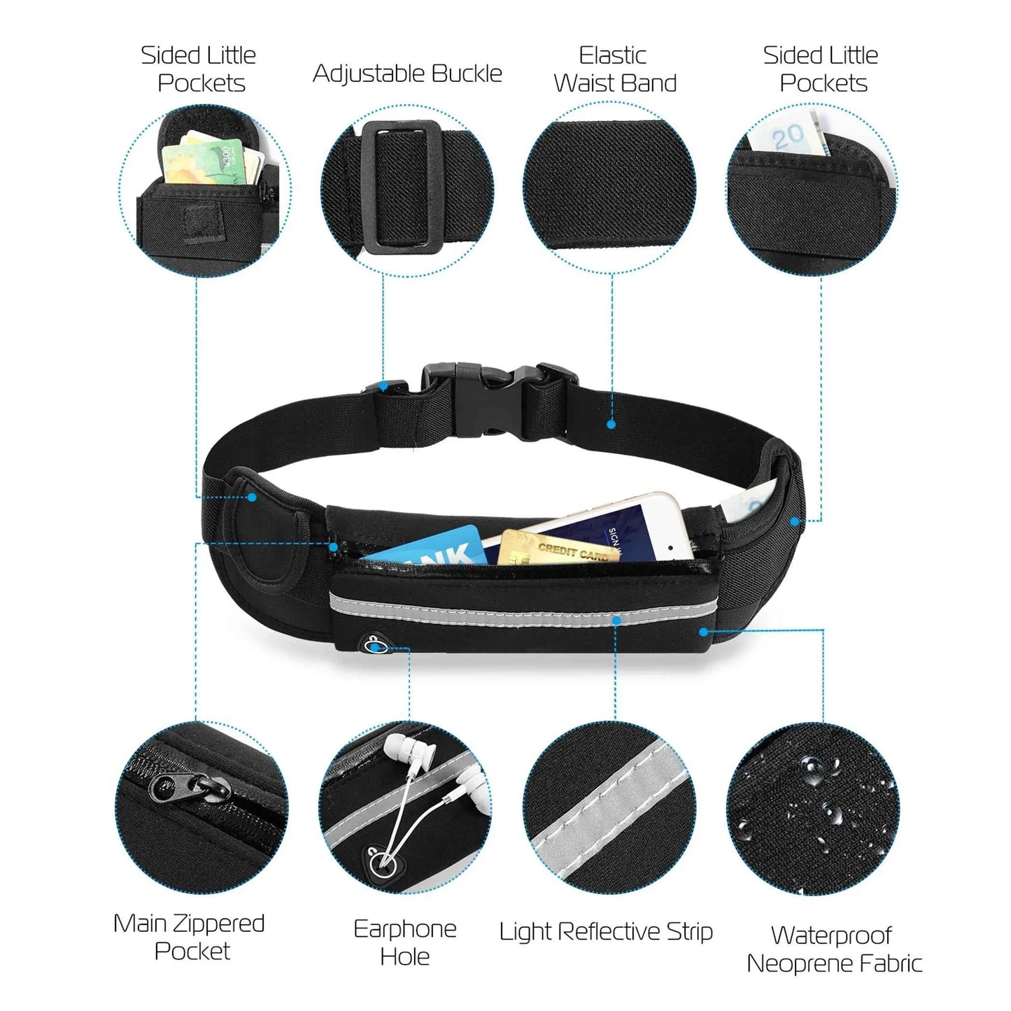 Sport Running Belt Waist Bag | Neoprene | 3 Pockets | Waterproof & Reflective | Unisex