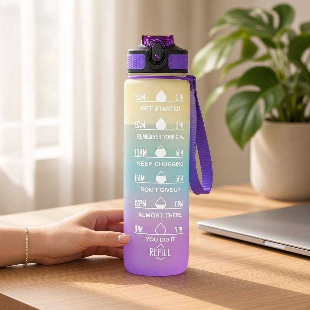 Gradient water bottle with straw and lid, motivational time markers