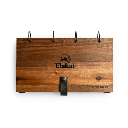 Portable wooden scoreboard with hanging rings and Elakai branding