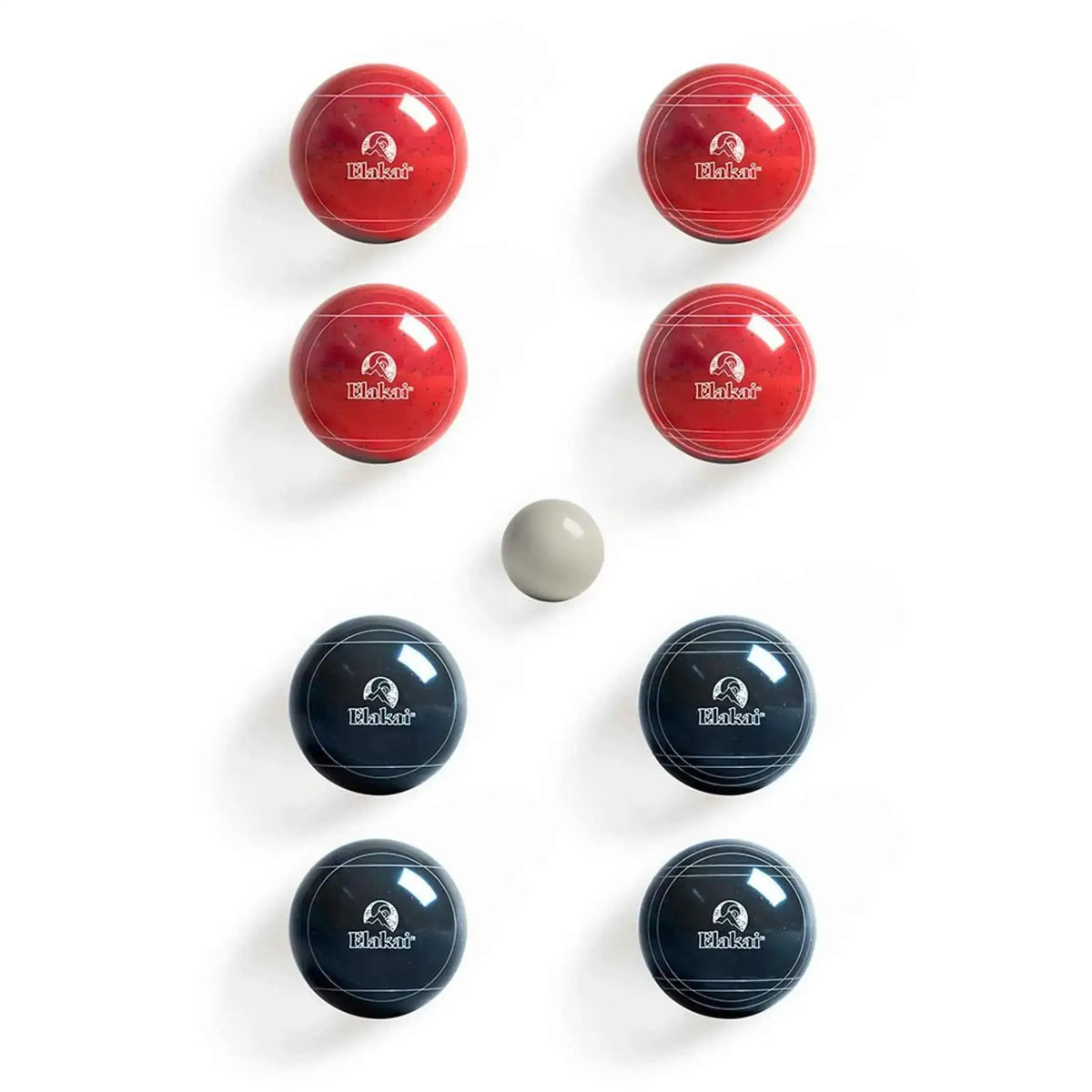 Red and dark bocce balls with a light pallino ball, arranged together