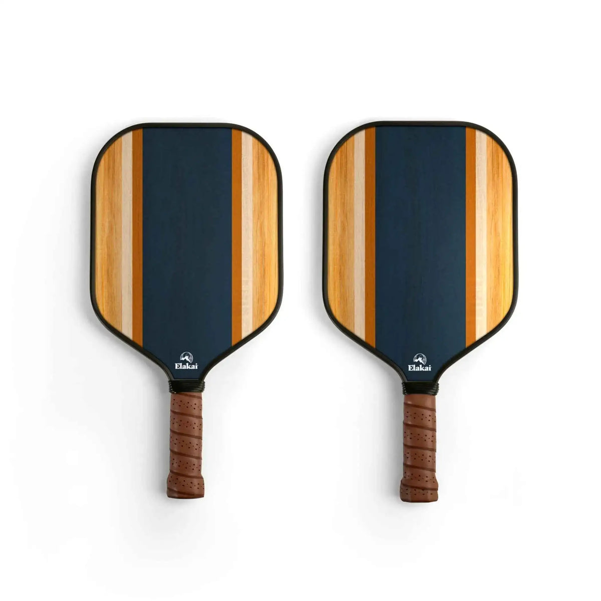 Pickleball paddle with dark blue striped face and brown cork handle