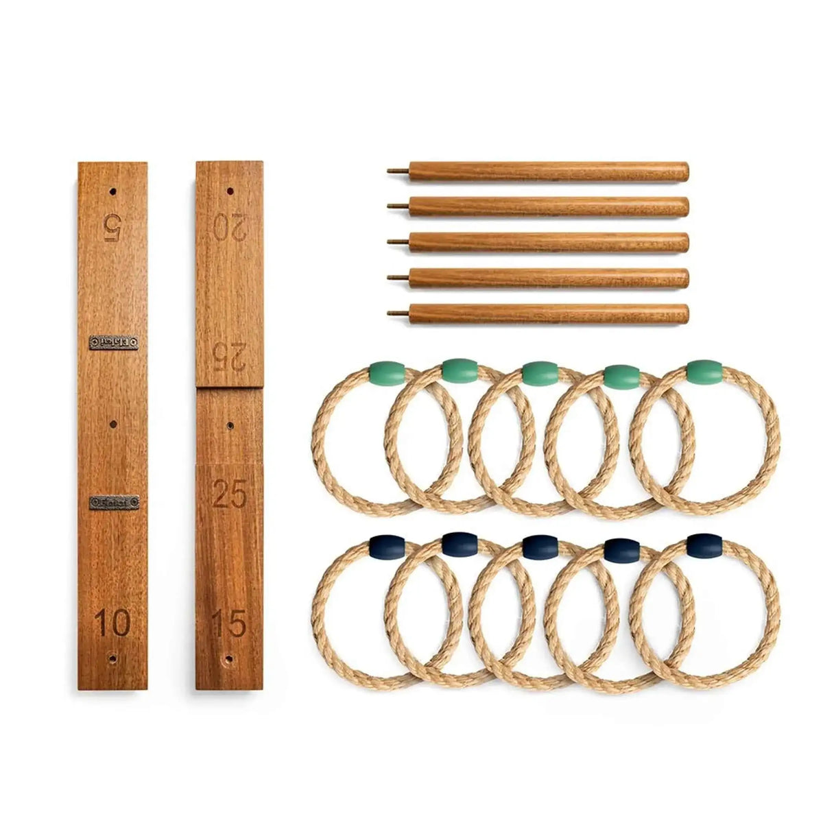 Ring toss game components: wooden scoring boards, pegs, and rope rings with green beads