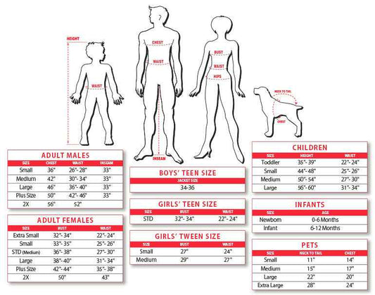 Chili pepper costume size chart for adults, teens, children, infants, and pets