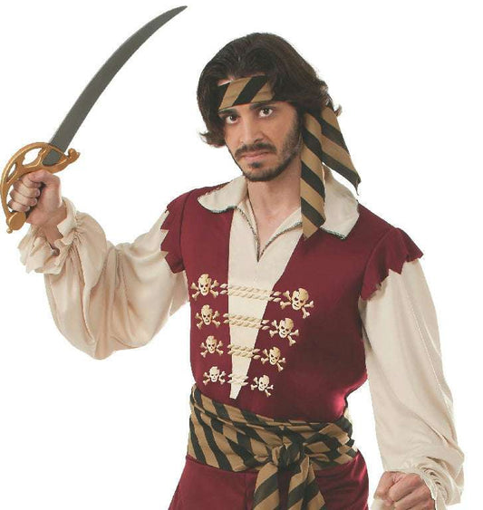 Pirate deckhand costume with sword: maroon vest, striped headscarf, ruffled white shirt, belt