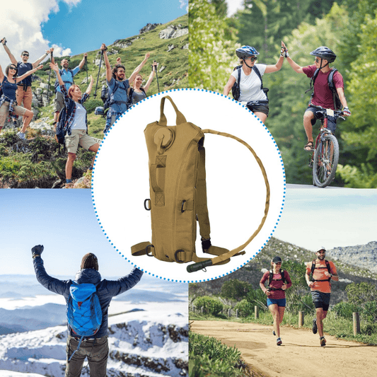 3L hydration bladder vest backpack with side straps, shown in tan for outdoor use