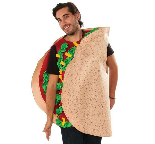 Adult taco-themed tunic costume with green ruffle graphics and tan shell cape draped