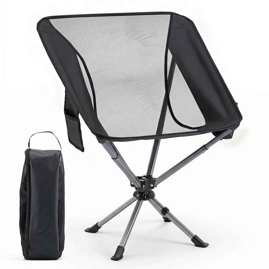 Black folding camping chair with swivel base and mesh back, with carry bag