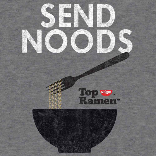 Graphite heather T-shirt with 'Send Noods' distressed ramen graphic
