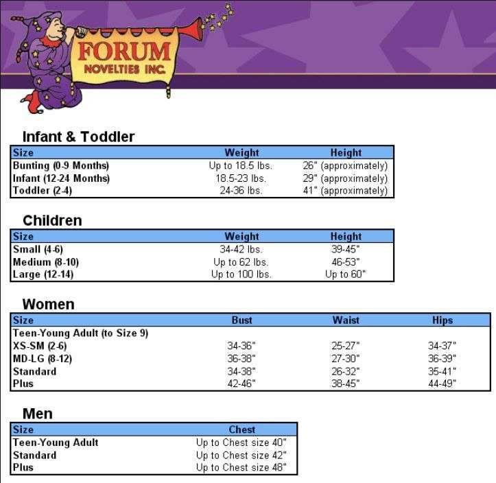 Dinosaur mascot costume size chart with infant, children, women, and men measurement tables