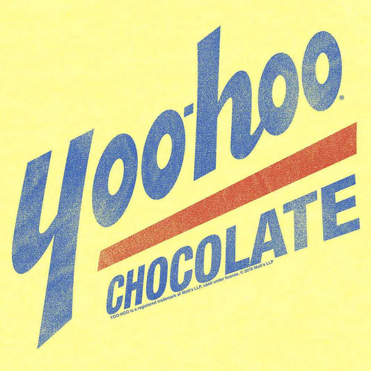 Distressed Yoo-hoo Chocolate graphic print on light yellow T-shirt front