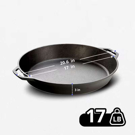 Round cast iron skillet pan with pouring spouts, 17 in diameter, 3 in depth
