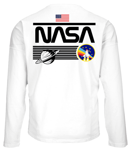 White long-sleeve crewneck T-shirt with large NASA back logo and space patch
