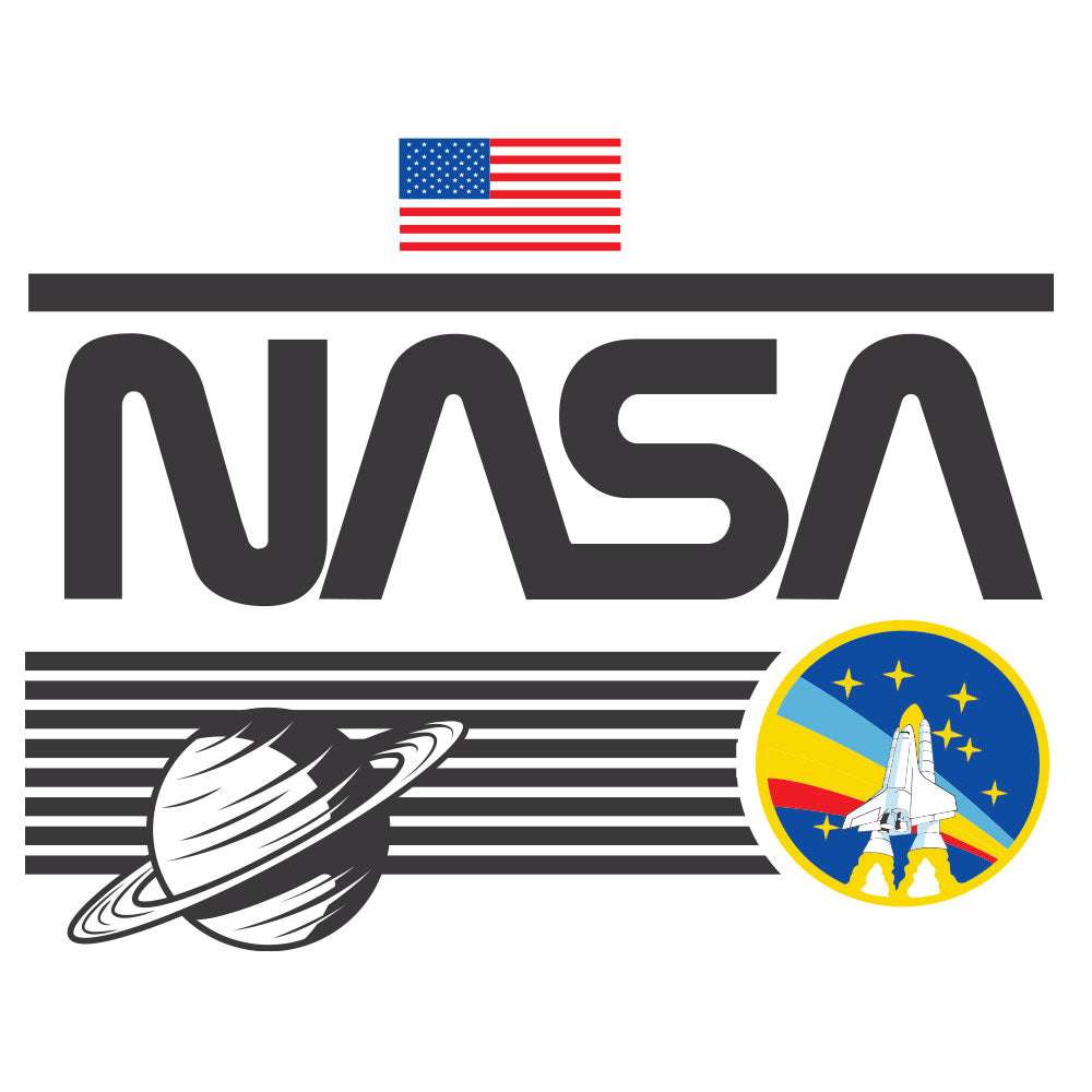 NASA patch and logo graphic on white long-sleeve T-shirt with US flag