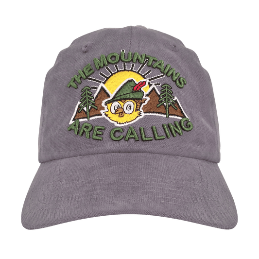 Gray baseball cap with centered embroidered mountain owl logo and Are Calling lettering