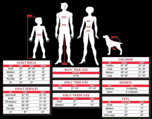 Hippie costume size chart with male, female, teen, toddler, and infant measurements