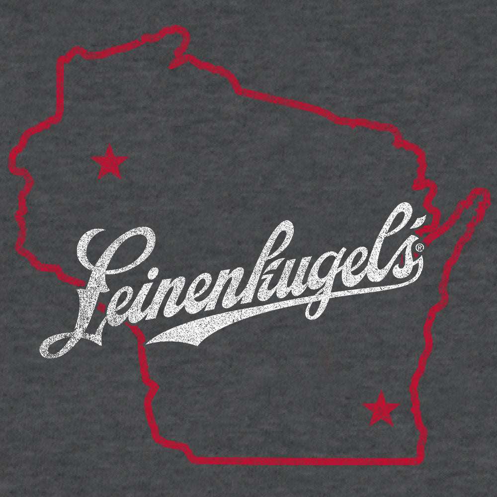 Gray Leinenkugel's Wisconsin graphic with red state outline and white cursive