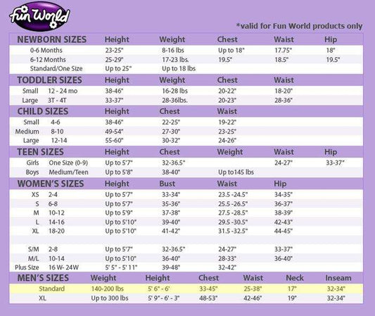 Size chart listing heights and weights for Fun World newborn to men's sizes