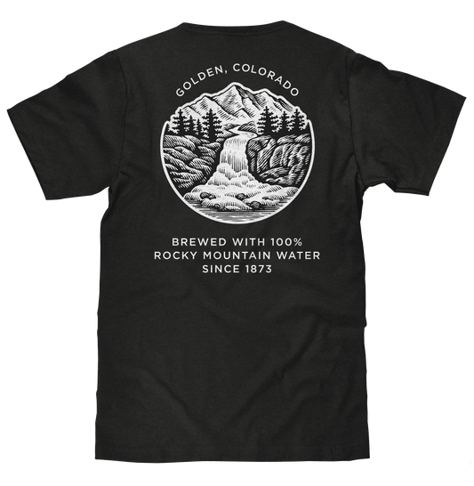 Black T-shirt with large back mountain emblem and brewing text print