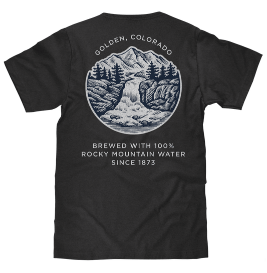 Asphalt gray crewneck T-shirt with Golden Colorado mountain and text print on back